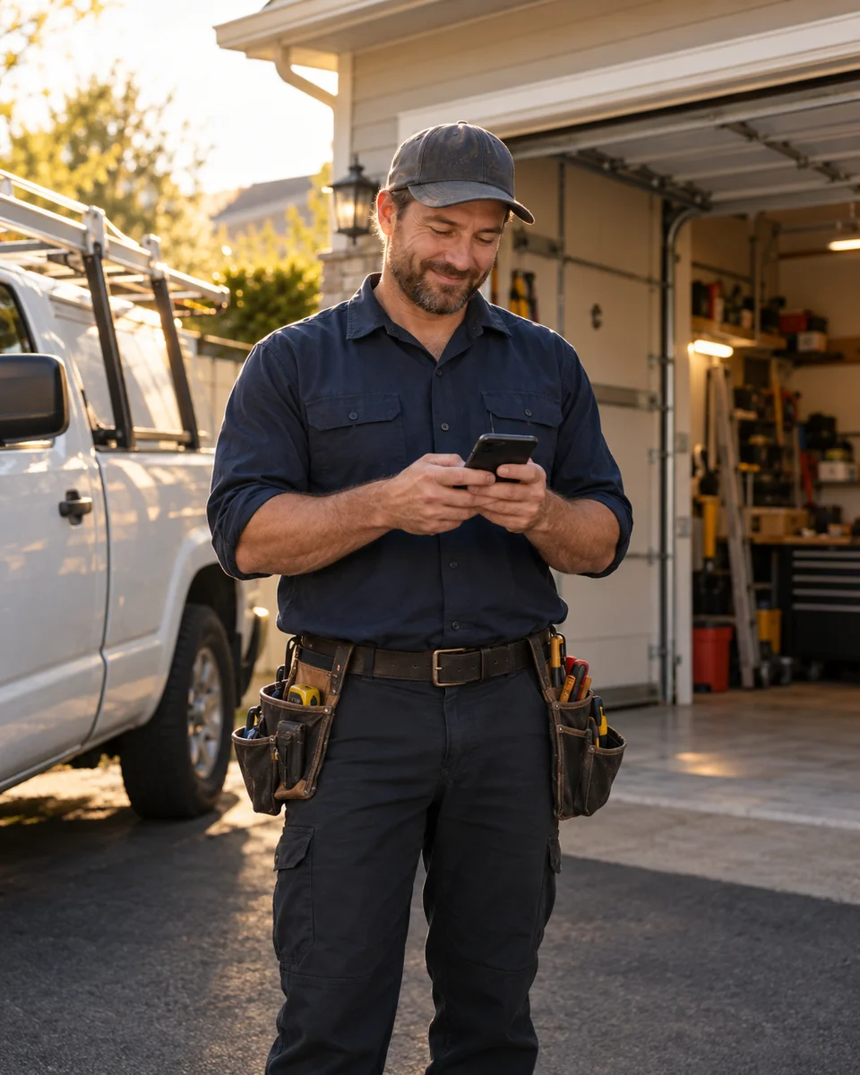 Technician checking his phone by his truck